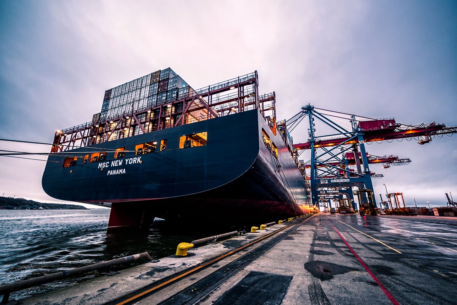 Container ship at a customs port terminal